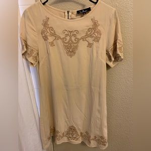Tale to Tell Cream and Tan Embroidered Shift Dress